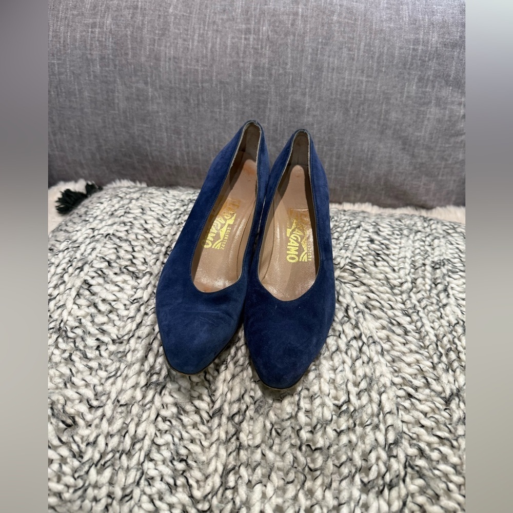 Salvatore Ferragamo Navy Suede Heels